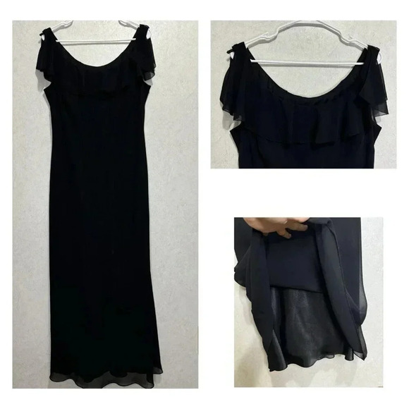 LIZ CLAIBORNE Vintage Black Maxi Dress Mesh Layer Grunge WhimsiGoth Fairy Y2K 14 - Picture 1 of 11
